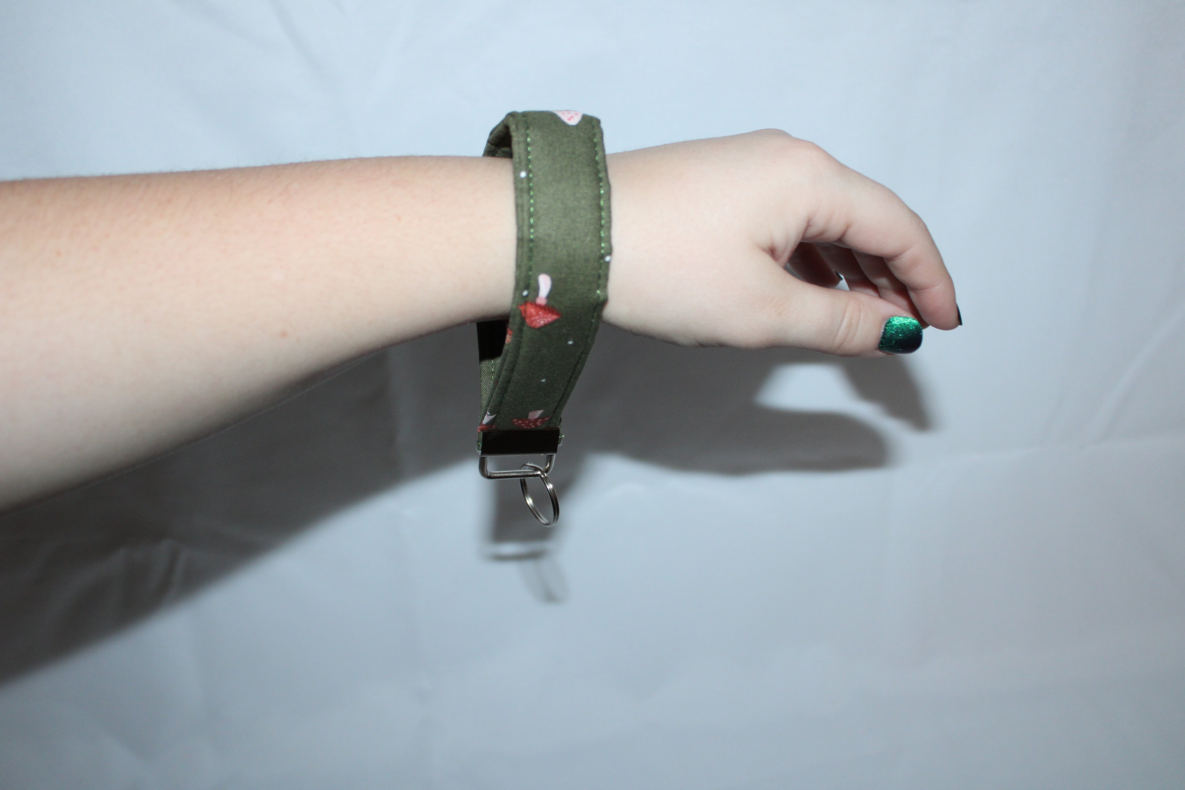 Moss and mushroom wristlet keychain